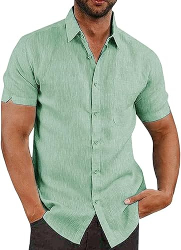 Friptspyg Mens Shirts Short Sleeve Shirts Men Linen Button Down Beach Causual Shirts for Men Adult with Pocket