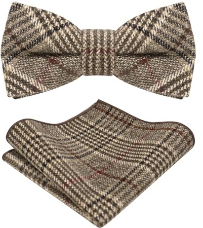 RBOCOTT Wool Pre-tied Striped Brown Bow Tie and Pocket Square Set for Men(4)