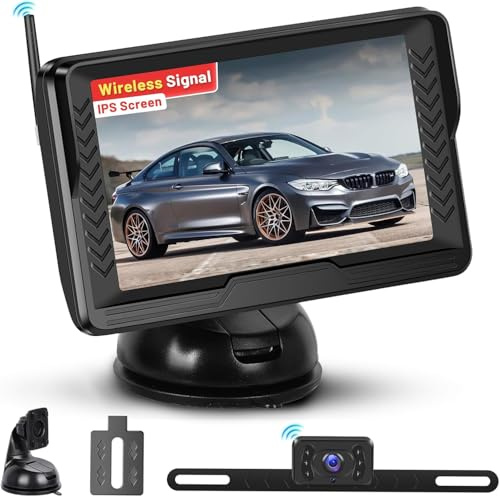 Hikity AHD Telecamera Posteriore Wireless con Display LCD da 5” e Grado di Impermeabilità IP69, Telecamera di Retromarcia con Visione Notturna a Colori per 12V