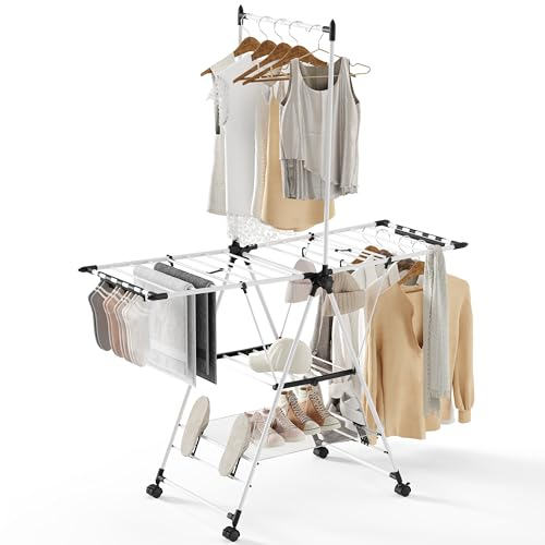SYKIARIOL Wäscheständer mit hoch hängenden Kleiderbügeln, 2 Etagen Zusammenklappbarer Flügelwäschetrockner für platzsparende Aufbewahrung, Wäscheständer klappbar mit höhenverstellbaren Gullwings