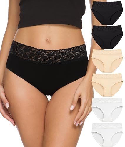 Culotte Femme Coton Slip Femme Dentelle Taille mi-Haute Confortable Respirante Elasticité Slips Lot de 6（EU-FR3020XXL-BlackWhiteSkin）