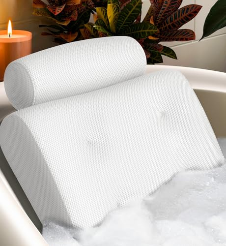 Everlasting Comfort Luxury Bath Pillows for Tub with Head and Neck Support - Non-Slip Bath Pillow for Bathtub with Suction Cups, Quick-Drying Mesh & Drying Hook - Spa Accessories for Women - White