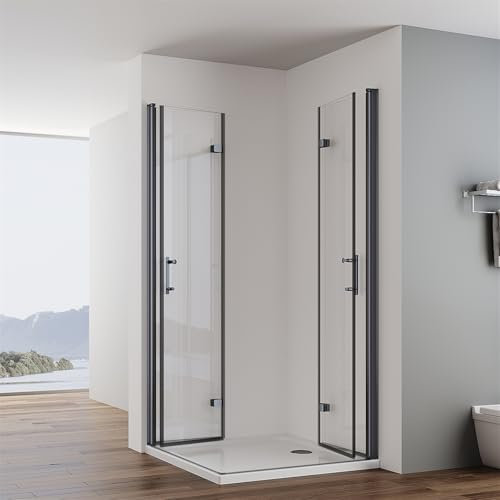 IMPTS Duschkabine Schwarz 70x75cm Eckeinstieg Falttür Doppel Drehfalttür Rahmenlos Faltdusche 180º Duschabtrennung Faltbar 6mm NANO ESG Sicherheitsglas Höhe 195cm, OHNE Duschwanne