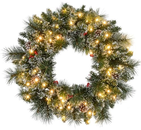 HOMCOM Couronne de Noël Porte Artificielle 60 CM décoration de Noël Lumineuse avec Pommes de pin et grappes de Baies, lumières LED et minuterie, pour Porte, fenêtre ou cheminée, Vert