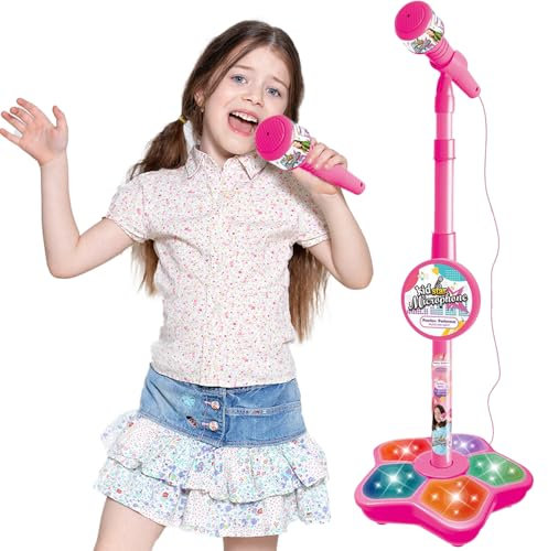 DAJASD Kids Microphone and Stand, Adjustable Kids Karaoke Machines with Flashing Stage Lights, Sing Musical Toy with Flashing Stage Lights for Girls, Microphone with Stand for Kids Girls Birthday Gift