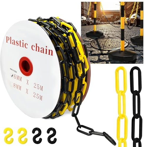 25 m avstängningskedja, röd, vit, plastkedja, 6 mm, varningskedja, plastkedja, avstängningskedja med 4 karbinhakar för barriärer i uppfarter, arbetsplatser och garage
