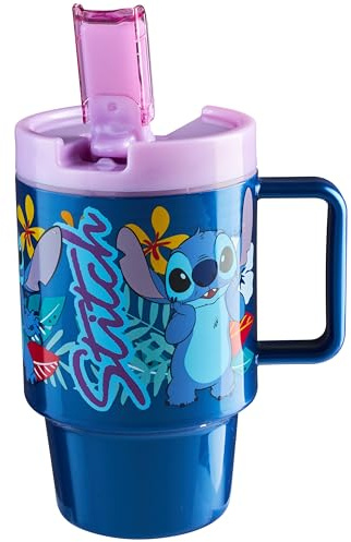 Get Trend Disney Stitch Kids Water Bottle with Straw 16.9 oz BPA Free Plastic Leakproof Cup with Lid Handle Reusable Drinking Tumbler Gifts for Kids (Blue Stitch)