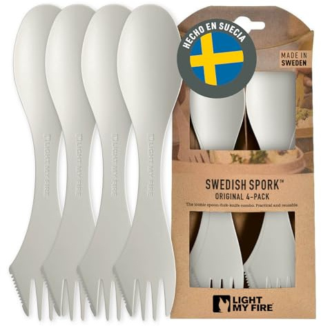 Light My Fire Spork Original 4-Pack 3-in-1 Camping Spoon Fork Knife Combo Reusable Travel & Camping Utensils Lunch Spork Outdoor Backpacking Hiking Picnic Utensil BPA Free, Cream