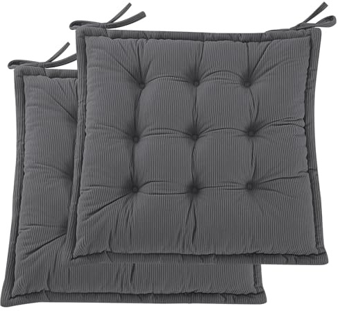 PRIMEPATIO Indoor Sitzkissen Stuhl 2er Set – Komfortable Cord-Sitzmatte Stuhlkissen mit Bändern, Hochwertige Füllung, Ideal für Esszimmer, Büro, Wohnzimmer, Outdoor Gartenstuhl, 45x45x7, Anthrazit