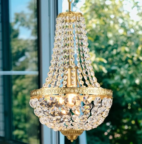 LED Kristall Kronleuchter Gold Vintage Dimmbar Pendelleuchte Esstisch 1-flammig, E27 Esszimmer Kristall Hängelampe 3000K-6500K, Esstischlampe Hängend Runde Käfig für Schlafzimmer Flur Küche (Gold)