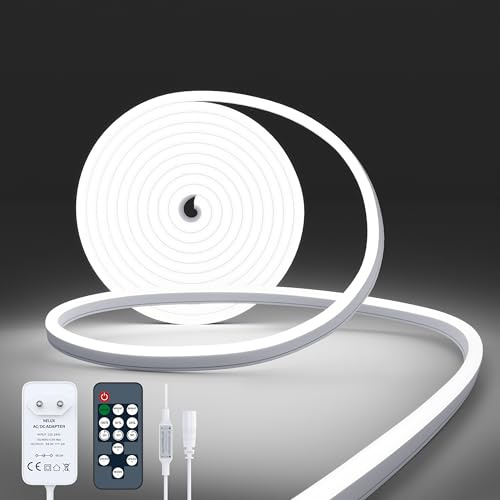 NELUX Striscia LED Neon 2 Metri da Esterno Impermeabile o Interno Cucina Bianco Freddo 6500K. Luce LED Strisce Alta Luminosità Dimmerabile Flessibile IP65. Include Telecomando e Trasformatore 24V