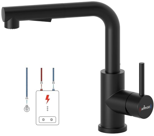 APPASO Rubinetto da cucina a bassa pressione, nero, rubinetto da cucina con doccetta estraibile, 2 modalità per la cucina, monocomando, 1 foro girevole a 360°