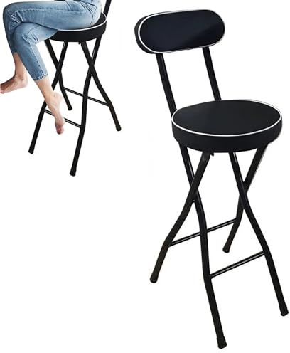 LISHEUK Taburete Plegable Negro con Respaldo y reposapiés. Silla Alta portátil de 76 cm (30 Pulgadas) para el hogar, la Oficina, Tiendas y Viajes.