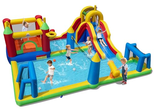 COSTWAY Château Gonflable avec Toboggan et Panier de Basket, Maison de Saut, Aire de Jeux Gonflable avec Pataugeoire, Mur d'escalade, Intérieur Extérieur jusqu'à 2 Enfants de 3-12 Ans