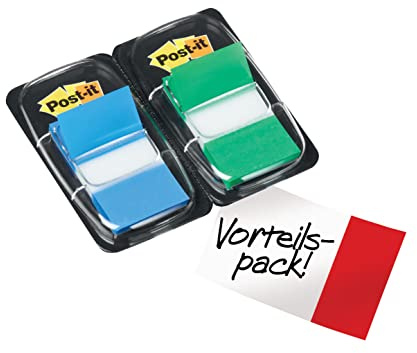 Post-it Index Flags, Medium, Blue and Green, 2 Dispensers 25.4 mm x 43.2 mm, 50 Flags - To Mark, Highlight or Color Code Important Information