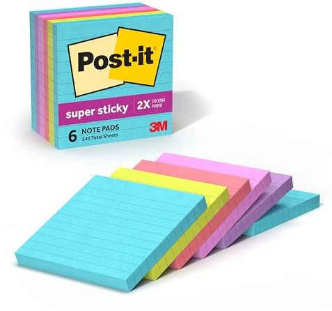 Post-it Super Sticky Notes, 6 Lined Sticky Note Pads, 4 x 4 in., School Supplies, Office Products, 2X the Sticking Power, Supernova Neons Collection