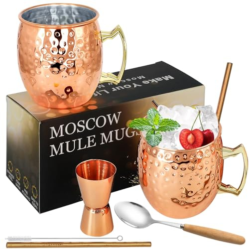 SuproBarware Moscow Mule Kupferbecher, Set mit 2 Moscow Mule-Bechern, Edelstahlbecher, 530 ml, lebensmittelecht, gehämmerte Tassen, ideal für Cocktails, Wasser, kalte Getränke