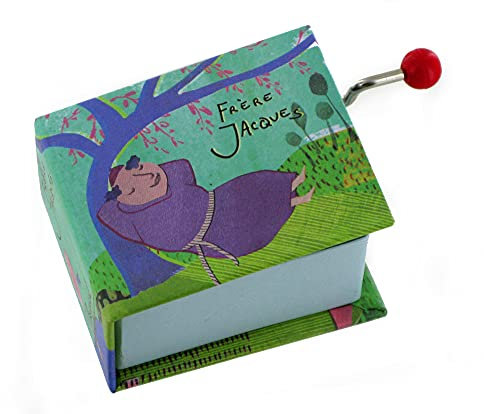 Carillon/scatola musicale a manovella di cartone illustrato a forma di libro con meccanismo musicale 18 note - Frère Jacques - Fra´ Martino - Fra´ Martino campanaro