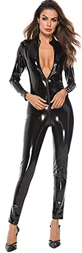 Junhouse Ladies Zip PVC Shiny Catsuit Leather Jumpsuit Dance Lingerie Bodysuit Cosplay Fancy Dress Corset Nightclub DS Costumes (Black,XXL)