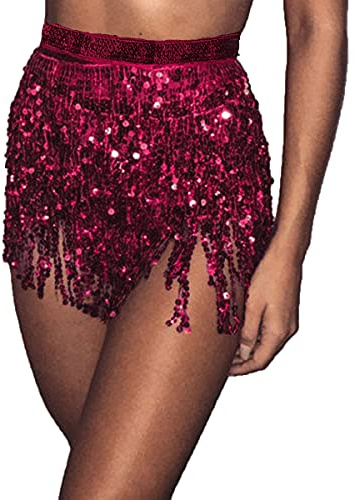 Bufenia Falda de la Cadera de la Danza del Vientre de Las Mujeres Lentejuelas de la Borla Bufanda de la Cadera Envoltura de Tiras Faldas Rave Disfraz de Halloween Club Festival (Rosa roja)