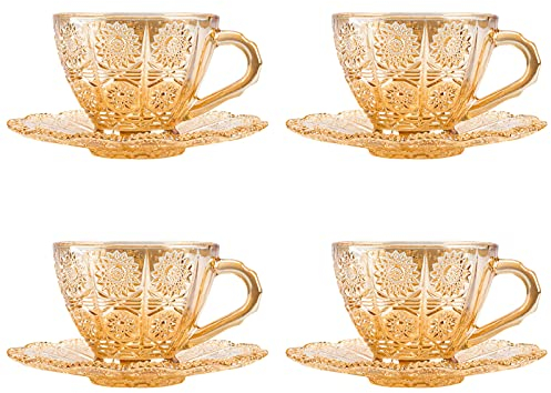 Linkidea Teetassen aus Glas, 4er-Set mit Untertassen, 6-Unzen-Vintage-Kaffeetasse, Glaswaren-Set mit Blumenprägung und Untertassen für Erwachsene, Teeparty, Familie, Freunde (Bernstein)