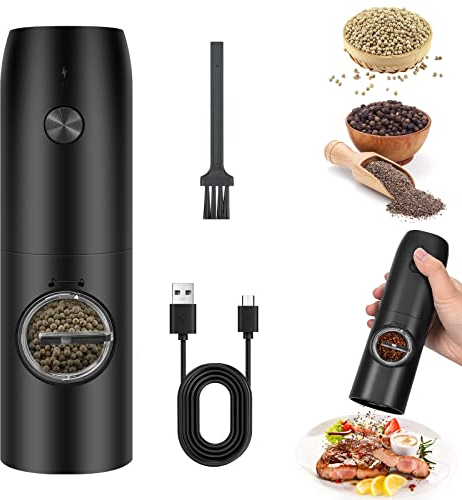 Set med elektriskt salt och pepparkvarn, USB-laddning, pepparkvarn med LED-ljus, påfyllningsbar salt och pepparkvarn med rengöringsborste, slipningsgrad, justerbar fin till grov