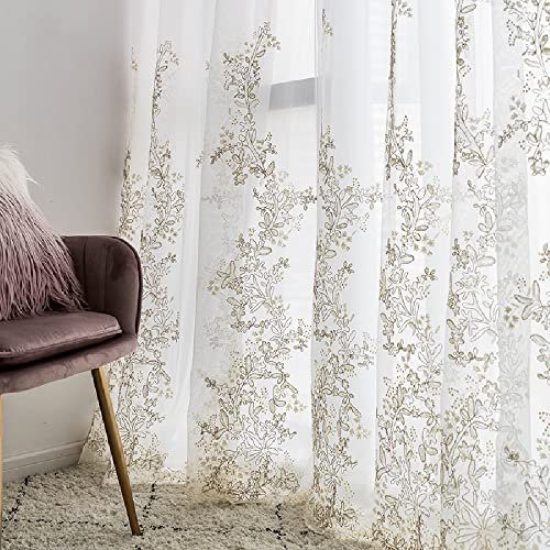 Amidoudou 1 Pair Luxury Embroidered Tulle Curtains for Living Room Wedding 3D Gold Flower Sheer Curtains (White,66 x 84 Inch)
