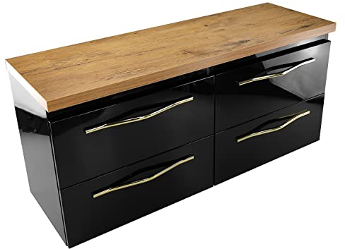 paplinskimoebel Ensemble de meubles de salle de bain très brillant, armoire double de 120 cm avec plan de travail, quatre tiroirs, (haut noir et aspect chêne)
