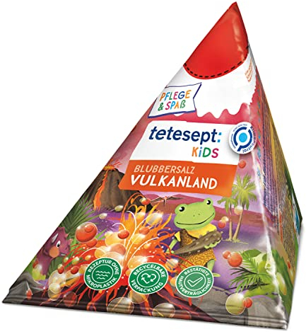 tetesept KIDS Blubbersalz Vulkanland - 10 x 50g - Kinder Badespaß mit dem Duft von süßen Früchten - Badezusatz mit extra viel Blubberspaß und rotes Wasser