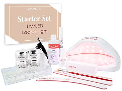 Emmi-Nail Starter-Set UV/LED Ladies Light – 16-tlg. Profi Nagelstudio Set mit Aufbau-Gel, Versiegelungs-Gel, Tipbox, LED Lampe, Primer, Feilen & Travelbag – Nägel selber machen wie im Studio