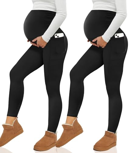 Happy.angel 2 Pack Maternity Fleece Lined Leggings Over The Belly, Womens Black Workout Yoga Pregnancy Pants with Pockets Black X-Large