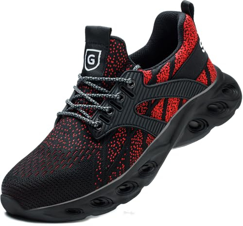 Zapatos de Seguridad para Hombre con Punta de Acero Calzado de Seguridad Hombre Antideslizante Transpirable Botas de Seguridad para Hombre Zapatillas Deporte Negro Rojo 42 EU