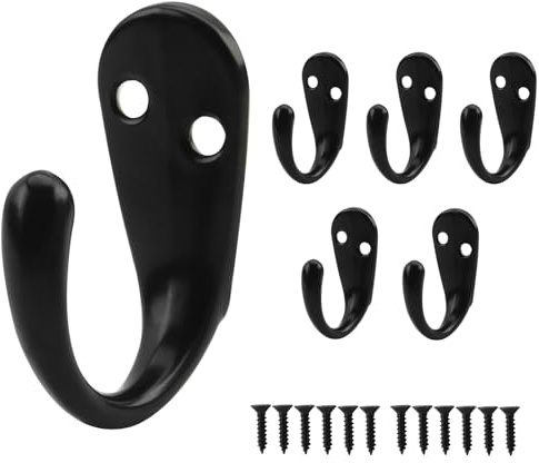 QOPAHI Single Coat Hooks 6 Pack, Wall Mounted Black Door Hooks Metal Robe Hooks Heavy Duty Coat Hook with Screws Small Wall Hooks for Bathroom Bedroom Kitchen Garage Toilet Office Shop Hanging