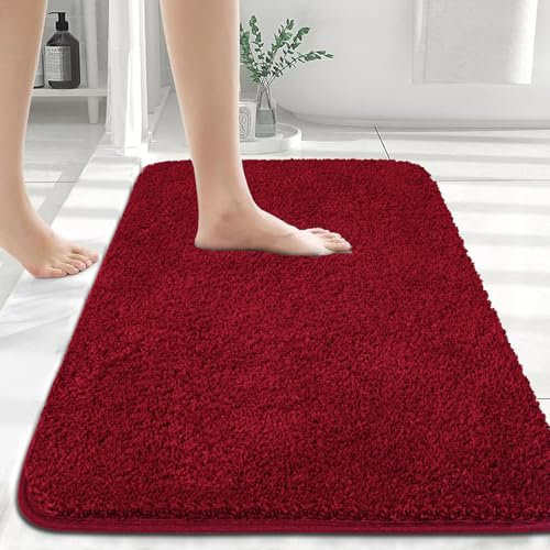 Myting Badezimmerteppich 70x120 cm Badematte Rot, Weich Mikrofaser Badvorleger Waschbar Duschvorleger rutschfest, Flauschiger Badteppich