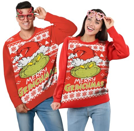 The Grinch unisex jultröja - Merry Grinchmas vintertröja stickad ful jultröja för män och kvinnor, röd (DE/NL/SE/PL, alfanumerisk, XXL, rektangulär, röd)