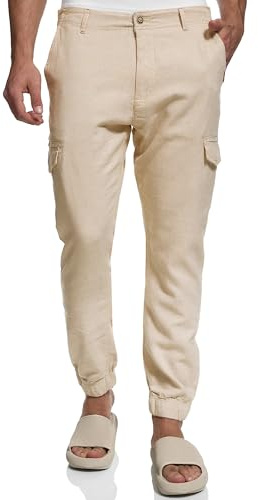 Indicode Herren Booth Cargohose aus Leinen & Baumwolle mit 6 Taschen | Stoffhose für Männer Cornstalk, M