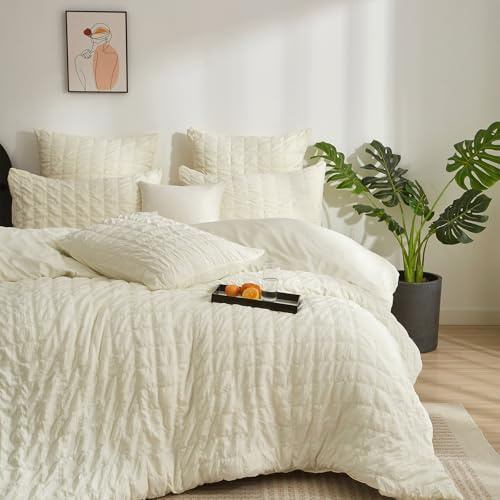YASMENG Seersucker Bettwäsche 200x220 Beige Kariert Bettwäsche Seersucker Gitter Modern Bettwäsche 3 Teilig Weich Atmungsaktiv Mikrofaser Bettbezug Set mit Reißverschluss und 2 Kissenbezüge 80x80 cm