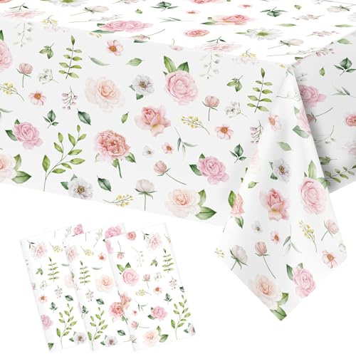 Growswally 3 Pcs Pink Floral Tablecloth, Pink Wildflower Plastic Disposable Table Covers for Anniversay Valentine's Birthday Garden Wedding Party