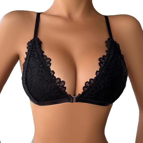 Cotorance Women's Front Closure Lace Bralette - Non-Wired Unlined Halter Neck Comfort Bra
