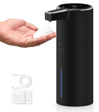 HMJIA Dispenser Sapone Automatico con Sensore IPX5 Impermeabile USB-C Ricaricabile 400ml Dispenser Sapone per Cucina e Bagno con Accessori per il Montaggio a Parete (Nero Schiuma)