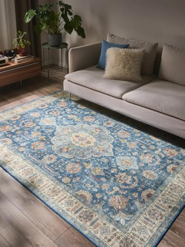 benuta Pop vardagsrumsmatta Laury - blå 300 x 400 cm - syntetfiber - rektangulär och stil: vintage - för sovrum, matsalar, vardagsrum - lätt att rengöra