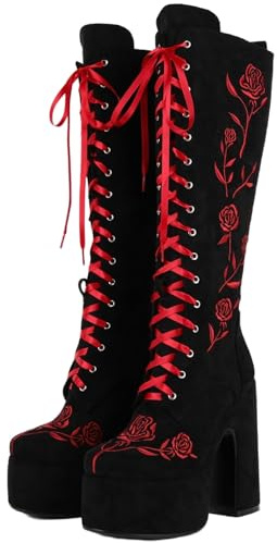 LISHAN Women's Round Toe Platform Lace Up Boots Roses Floral Embroidered Zip Up Chunky Block High Heels Side Zipper Faux Suede Knee High Boot Dress Festival Shoes Black Size 9.5