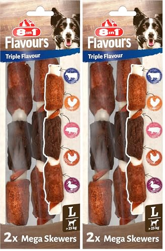 8in1 Triple Flavour Mega Skewers bastoncini da masticare grandi per cani - Snack da masticare con carne extra, busta da 160 g 2 pezzi (Confezione da 2)