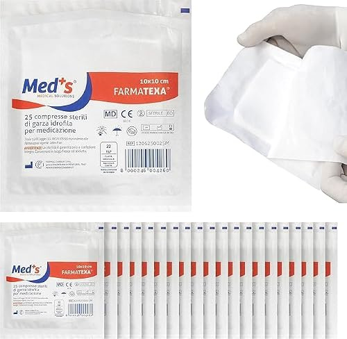 FARMACZABBAN 50 compresse di garza idrofila sterile in buste singole 10x10 cm, 25 strati, 100%