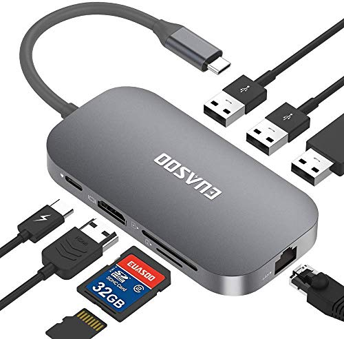 EUASOO HUB USB C 9 Puertos Hub Tipo-C con conexión Ethernet, HDMI, Puerto de Carga Tipo C, 2 Puertos USB 3.0, 1 Puerto USB 2.0, Lector de Tarjetas SD/TF para Mac Pro y Otros portátiles de Tipo C
