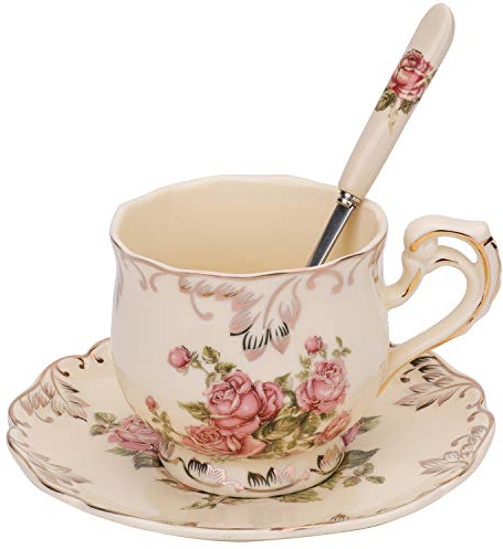 Foraineam Tea Cup and Saucer Set, 8 oz. Ivory Porcelain Coffee Cup Vintage Floral Ceramic Tea Cup Set with Saucer and Spoon