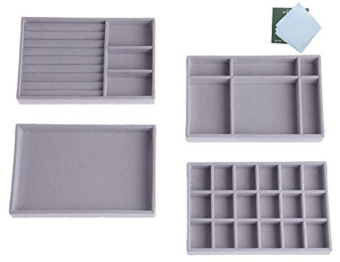 Stocomodi Organizzatore Gioielli, Conservazione Gioielli Cassetto, Set di 4 Vassoi Espositore Portagioie, Grigio
