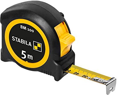 STABILA Mètre ruban BM 100, 5 m, échelle métrique de 1000, boîtier en ABS incassable, crochet initial mobile, clip de ceinture, précision MID