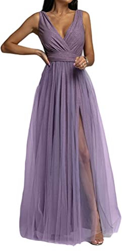 Minetom Robe de Soirée Femme Elegante Col en V A-Line sans Manches Mariage Demoiselle d'honneur Maxi Robe Longue A Violet M