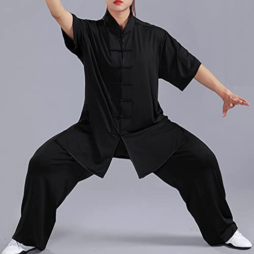 Hombres y Mujeres Taichi Uniforme Hebilla de Disco Manga Corta Traje De Estilo Chino Tang Traje Uniforme De Artes Marciales Suelto Suave y Transpirable el Verano Ropa de Práctica Diaria,002,L
